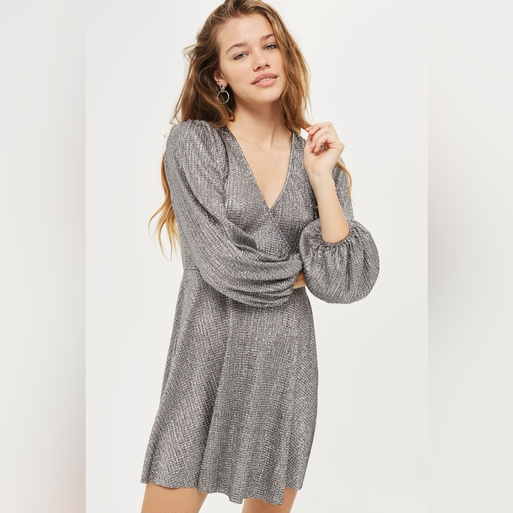 Topshop Metallic Skater Dress — Silver
